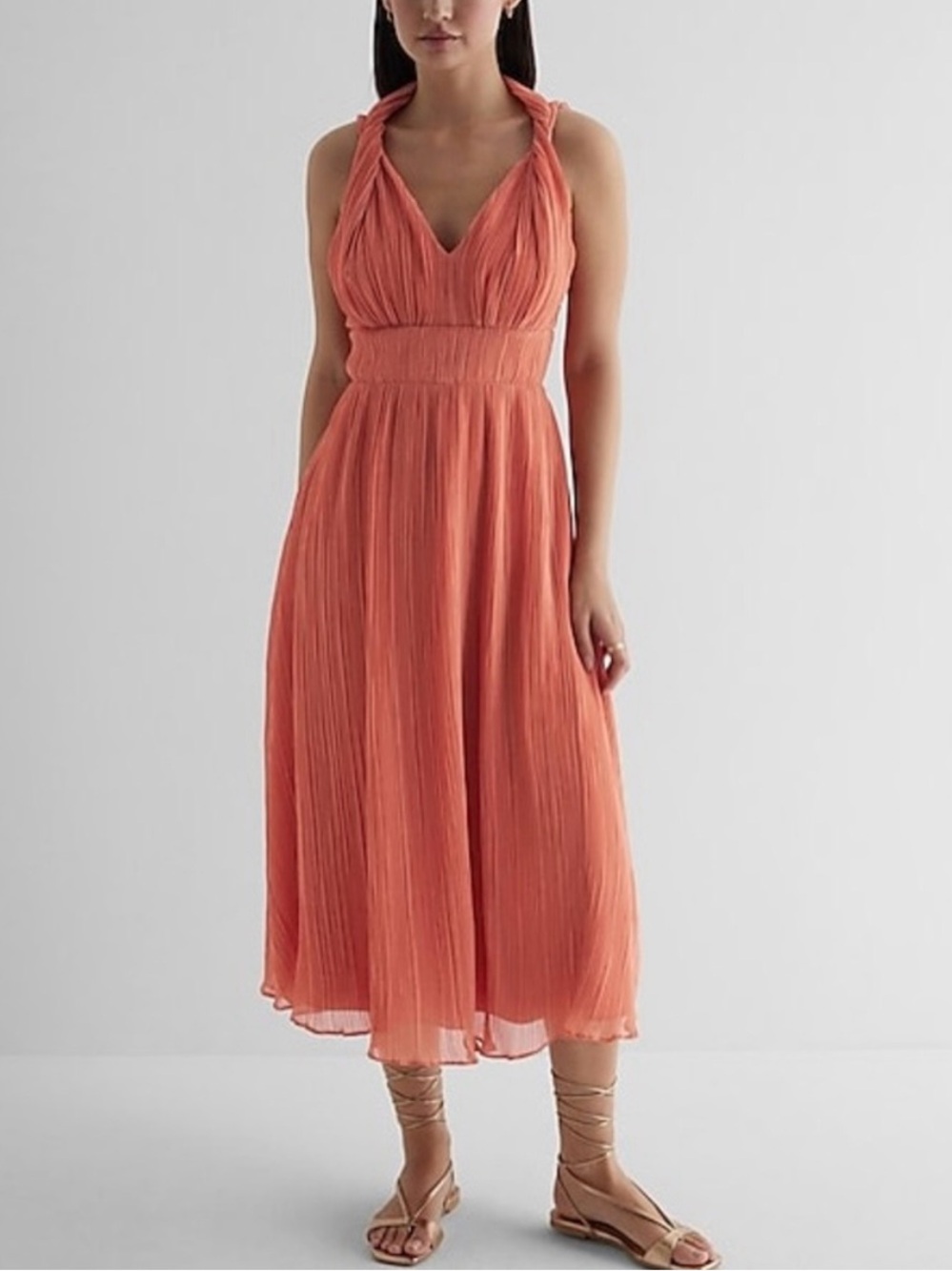 Express Coral Halter Pleated Midi Dress